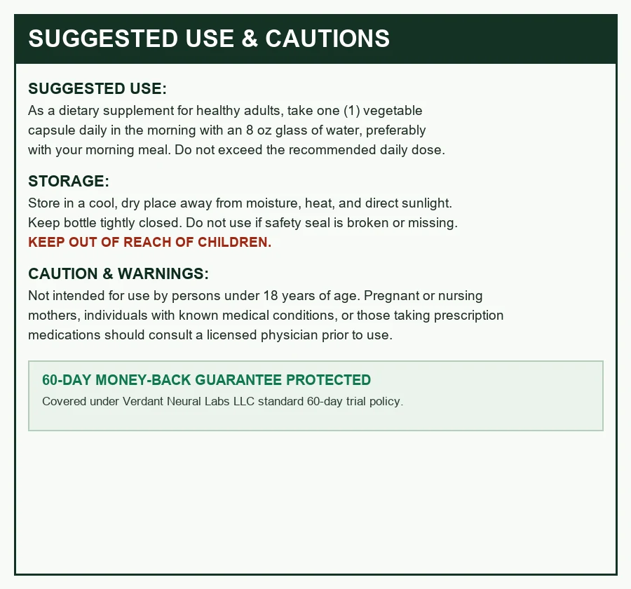 BrainMary suggested use, storage and caution panel